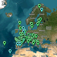 Mapa da Europa com todos os locais CETS assinalados